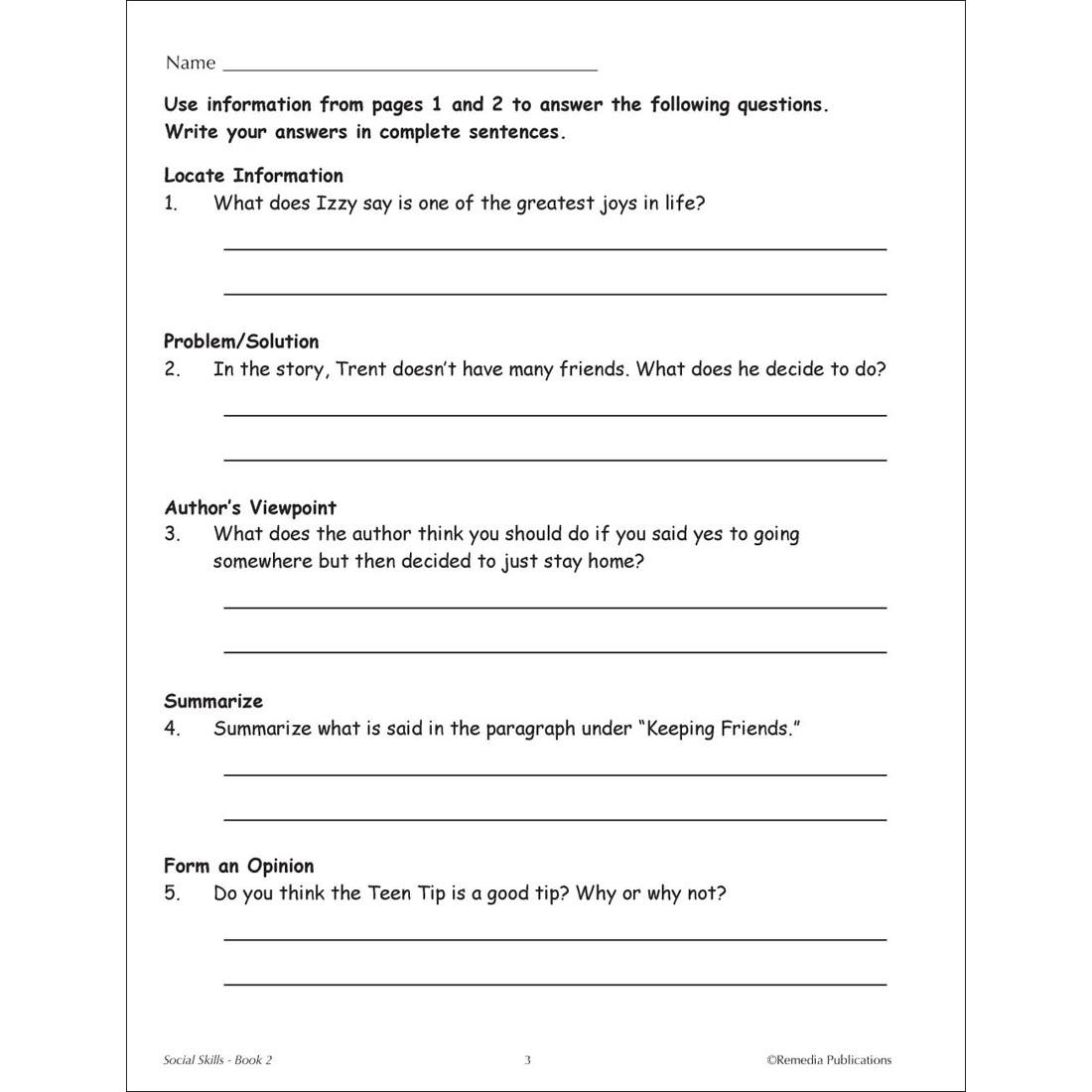sample page from the Social Skills Improving Relationships Book