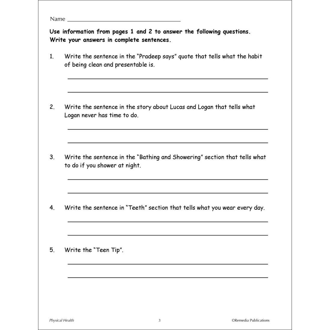 sample page from the Physical Health Lessons On Taking Care Of Yourself Book