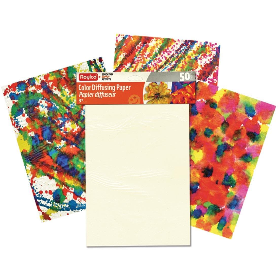 Roylco Color Diffusing Paper package with three sample creations behind it