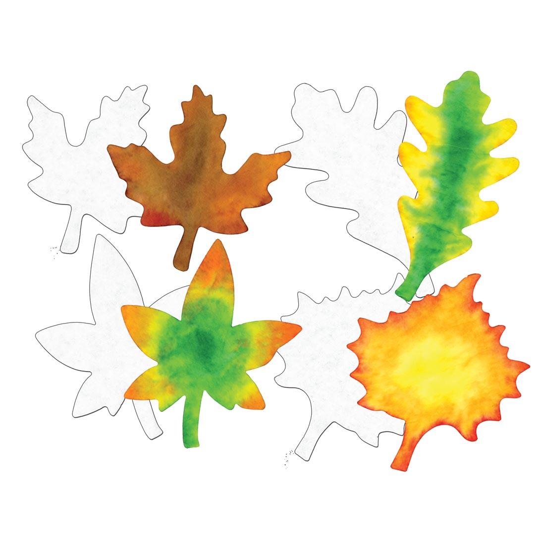 Blank Roylco Color Diffusing Paper Leaves with colorful examples of painted leaves