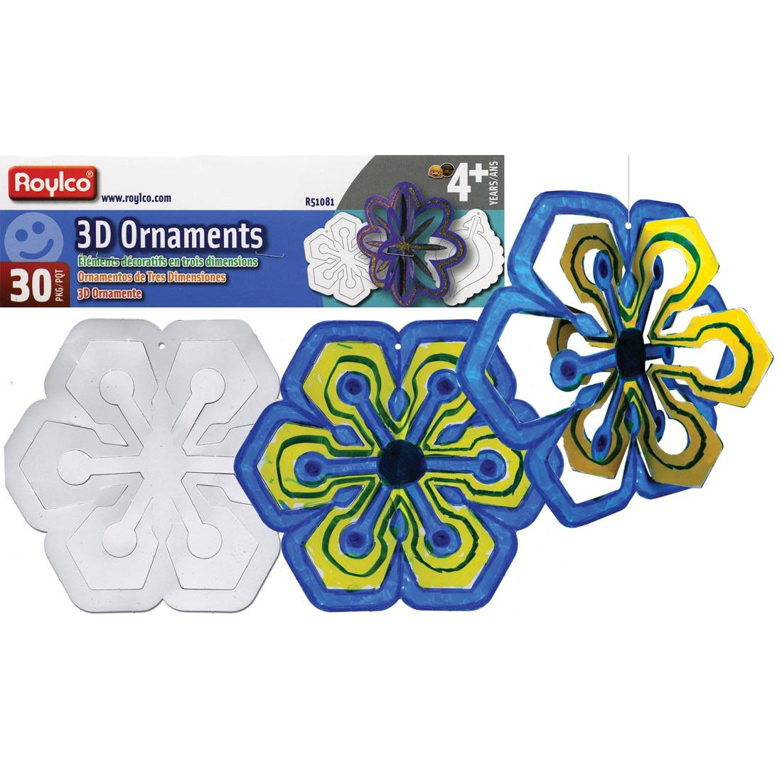 Package of Roylco 3D Ornaments shown with two completed examples