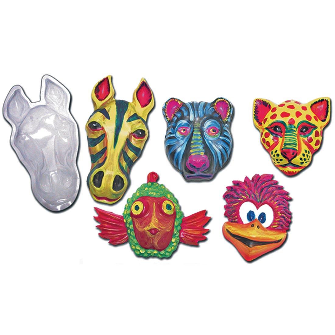 Blank horse head from the Roylco Animal Face Forms is shown with all five animals as completed examples