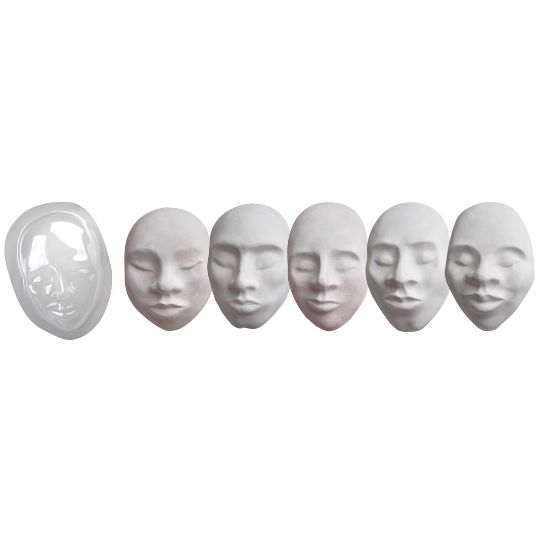 One blank Roylco Multicultural Face Form is shown with five completed examples