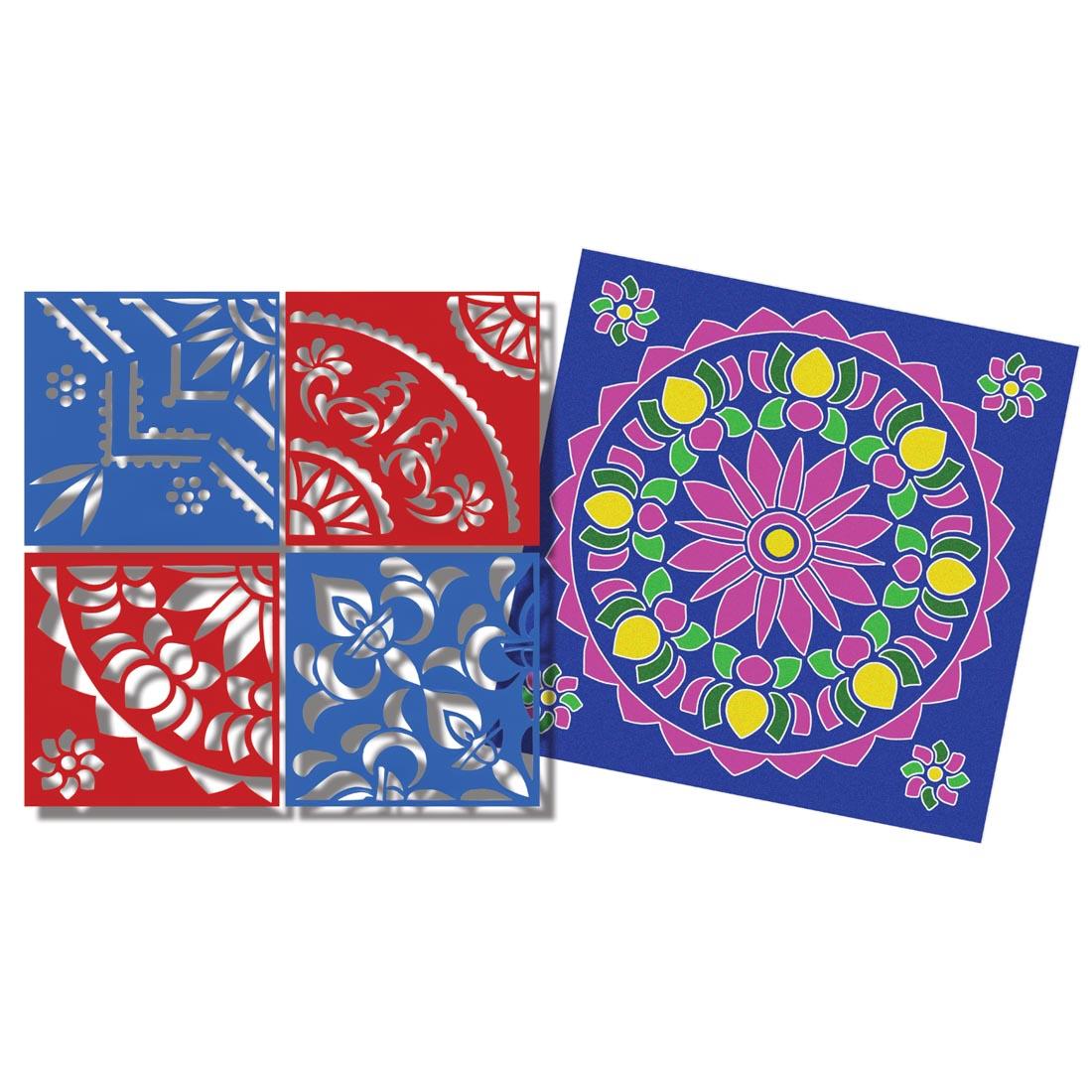 Roylco Rangoli Mega Stencils shown next to an example of a completed design