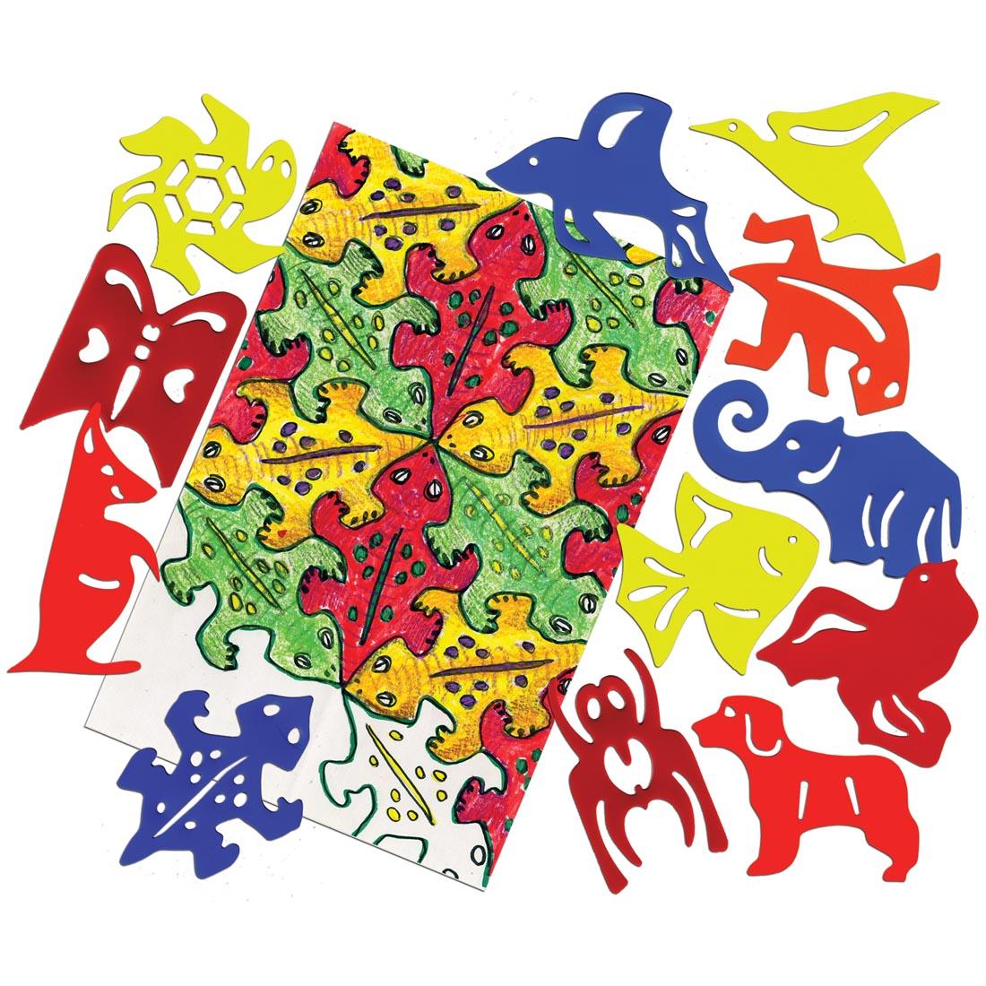 Roylco Animal Tessellation Templates surrounding an example drawing using the lizard stencil