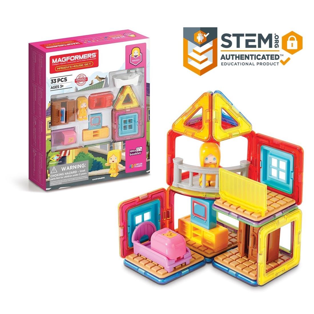 Package of Magformers 33-Piece Maggy's House Set beside an example construction plus the text Stem.org Authenticated Educational Product