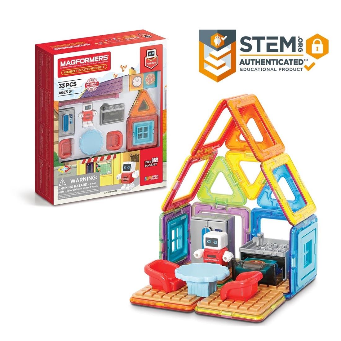 Package of Magformers 33-Piece Minibot's Kitchen Set beside an example construction plus the text Stem.org Authenticated Educational Product
