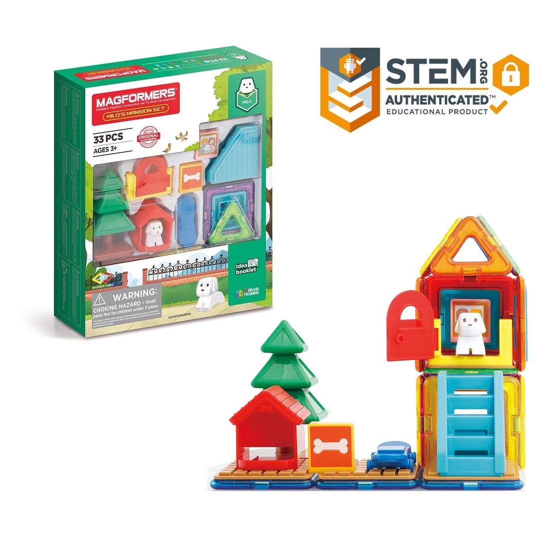 Package of Magformers 33-Piece Milo's Mansion Set beside an example construction plus the text Stem.org Authenticated Educational Product