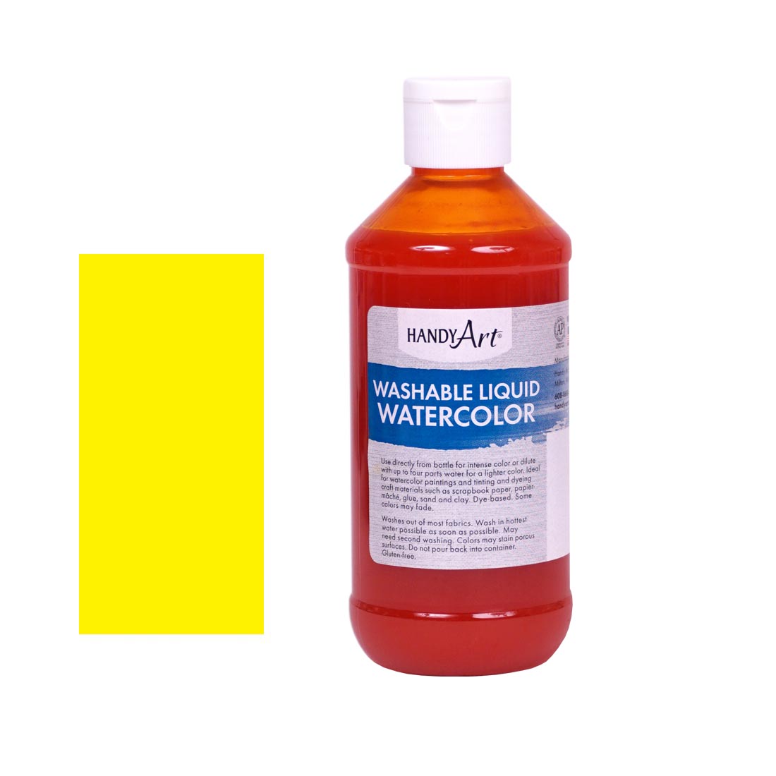 Bottle of Yellow Handy Art Washable Liquid Watercolor beside a rectangular color swatch