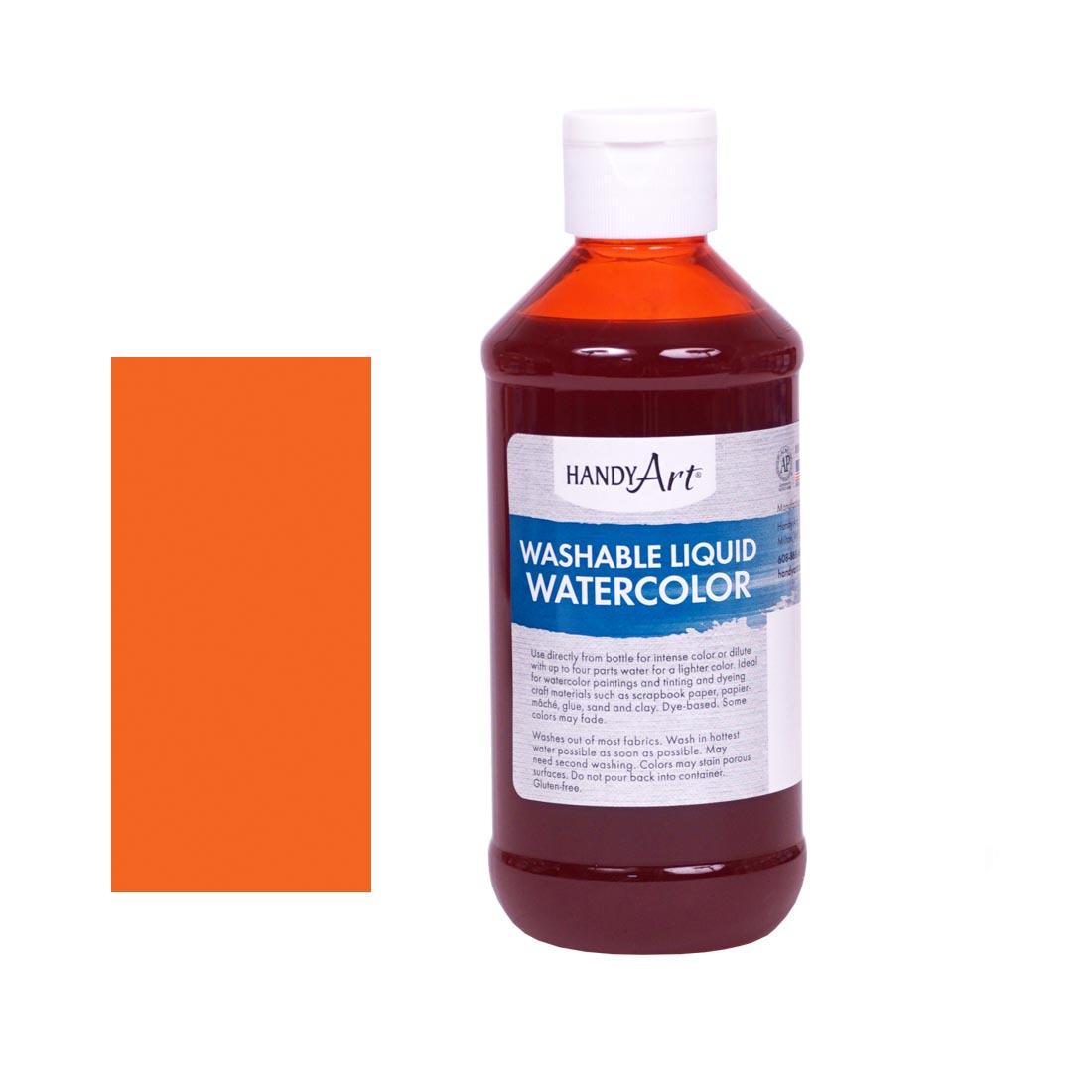 Bottle of Orange Handy Art Washable Liquid Watercolor beside a rectangular color swatch