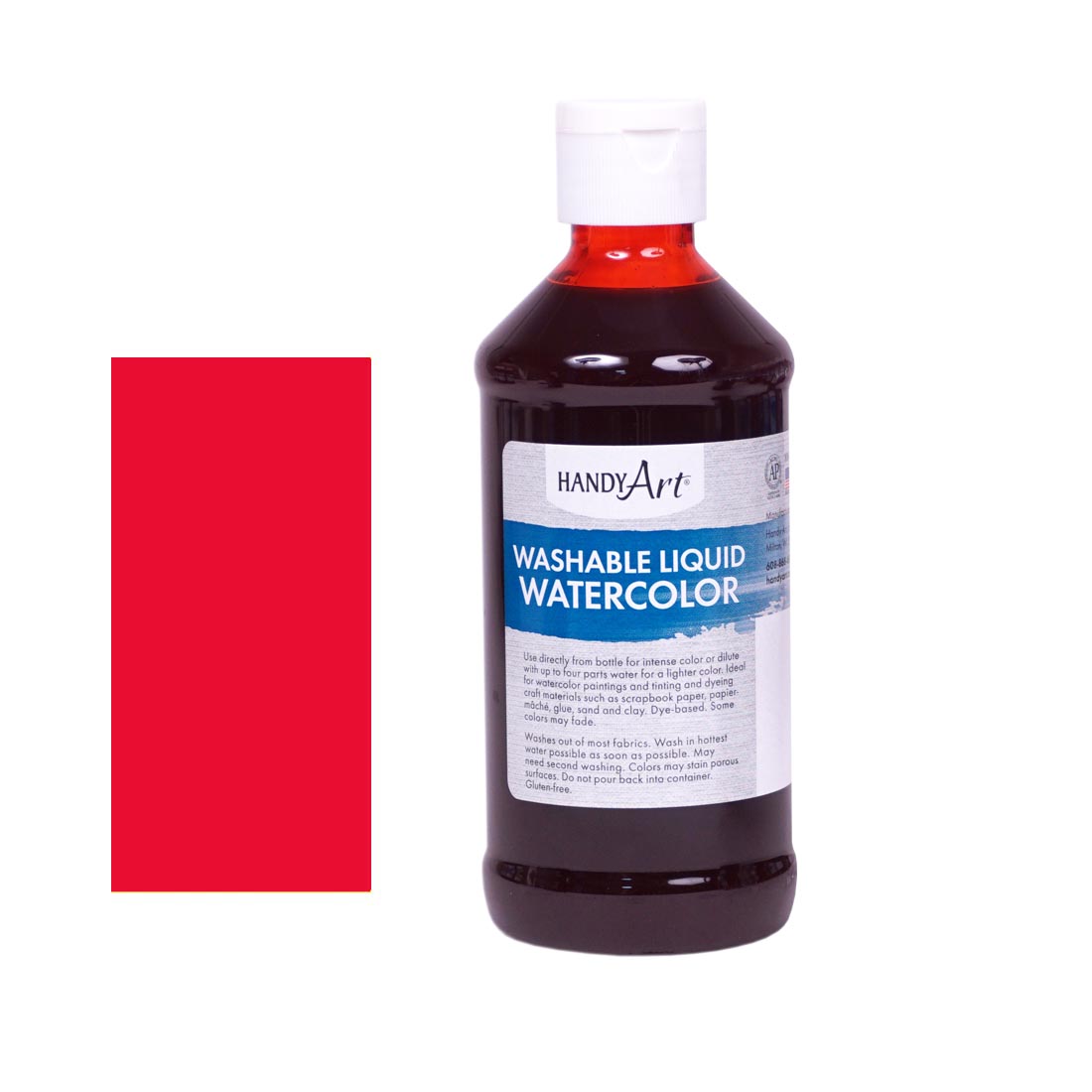 Bottle of Red Handy Art Washable Liquid Watercolor beside a rectangular color swatch