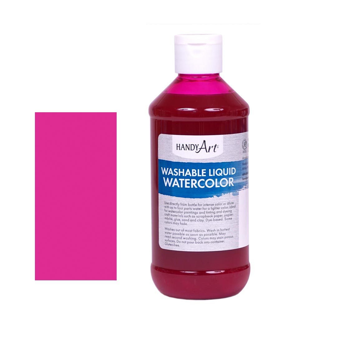 Bottle of Magenta Handy Art Liquid Watercolor beside a rectangular color swatch