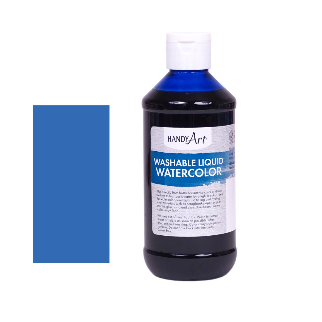 Bottle of Blue Handy Art Washable Liquid Watercolor beside a rectangular color swatch