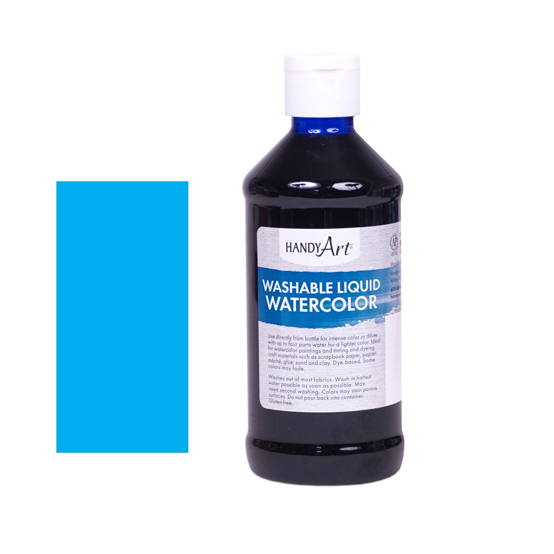 Bottle of Turquoise Handy Art Washable Liquid Watercolor beside a rectangular color swatch