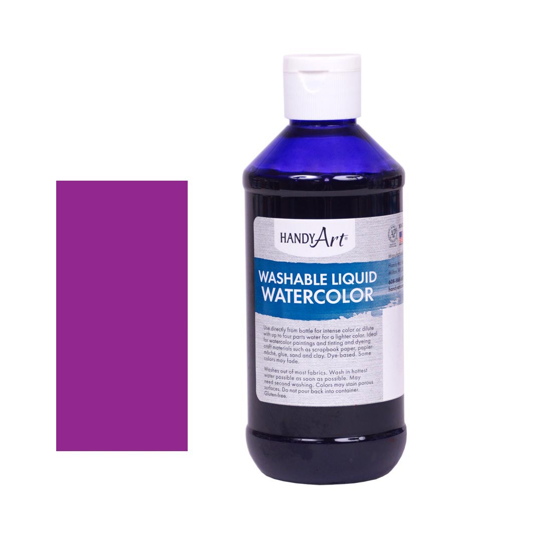 Bottle of Violet Handy Art Liquid Watercolor beside a rectangular color swatch