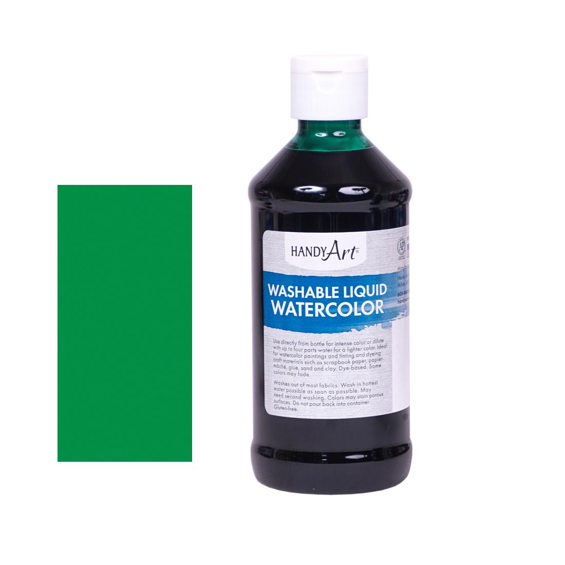 Bottle of Green Handy Art Washable Liquid Watercolor beside a rectangular color swatch