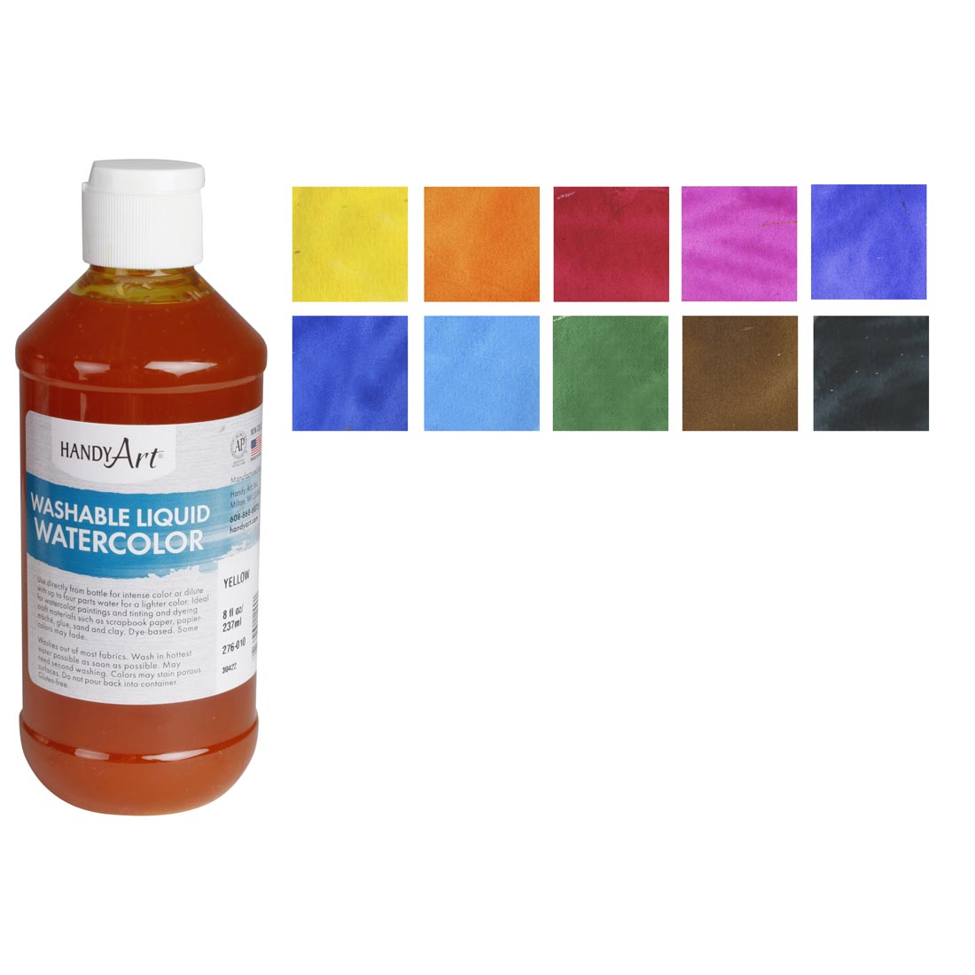A bottle from the Handy Art Washable Liquid Watercolors 10-Color Set along with the 10 color swatches