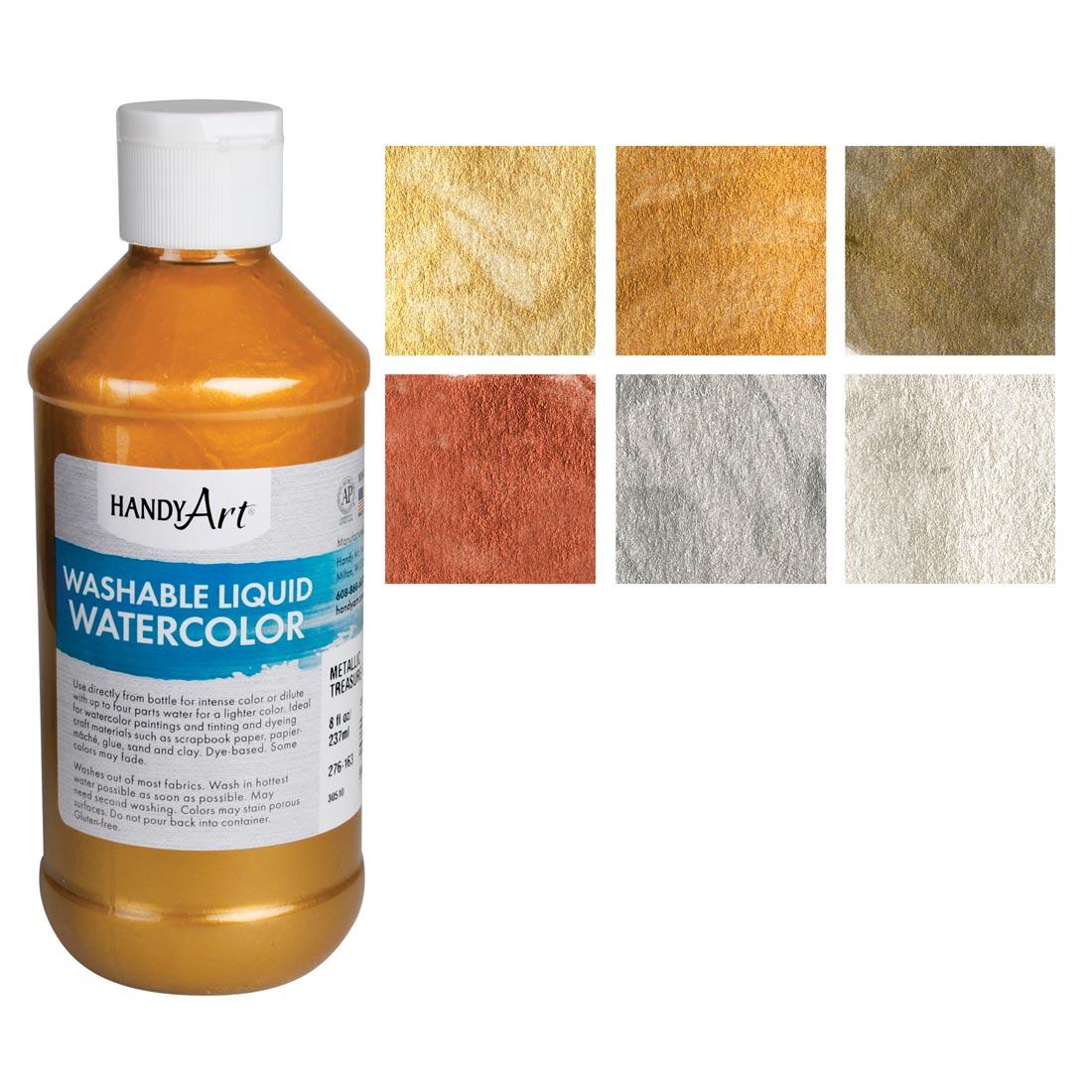 A bottle from the Handy Art Washable Metallic Liquid Watercolor Set beside the 6 color swatches