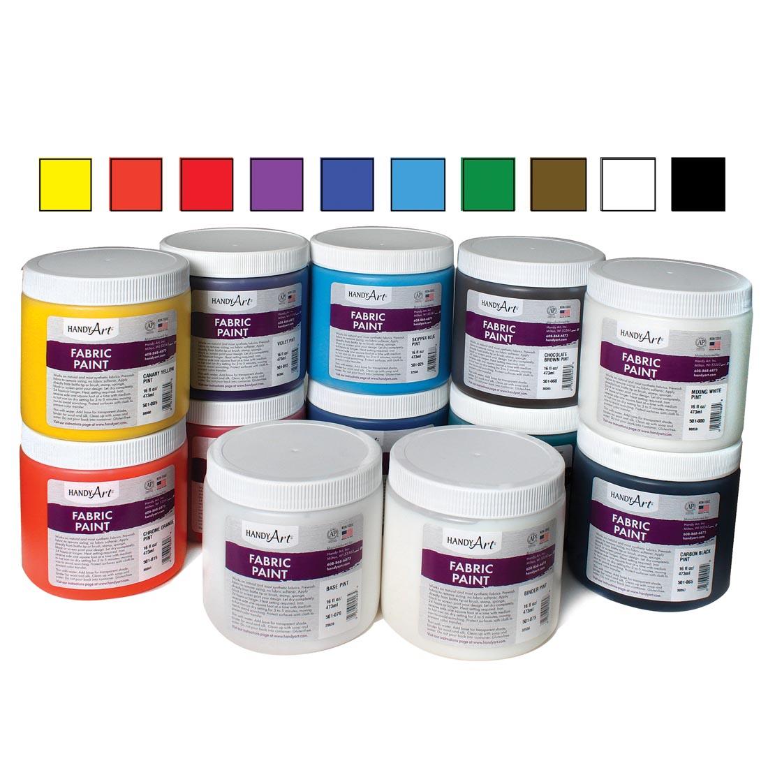 Jars from the Handy Art Fabric Paint 12 Pint Set with their color swatches above