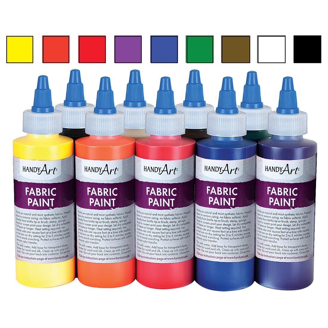 Bottles from the Handy Art Fabric Paint 9-Color Set with their color swatches above