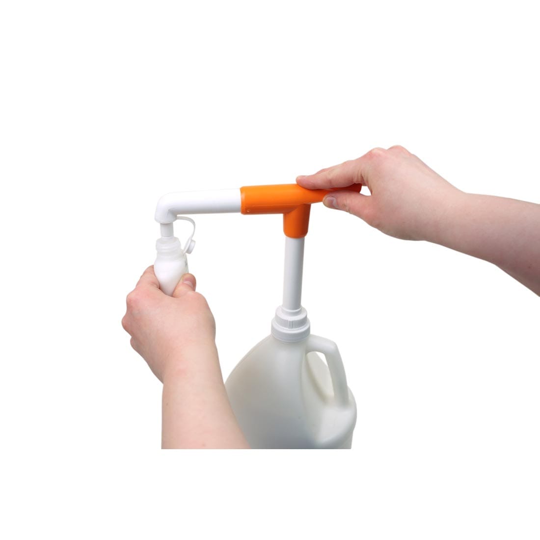 hands using the Handy Art Gallon Glue Pump to dispense into a smaller bottle