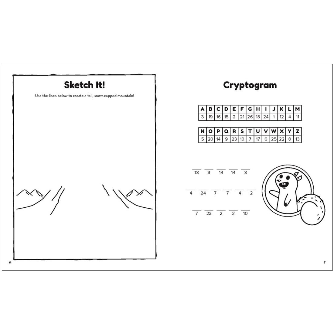 2 pages from the Bob Ross Activity Book, showing a sketch it page and a cryptogram page