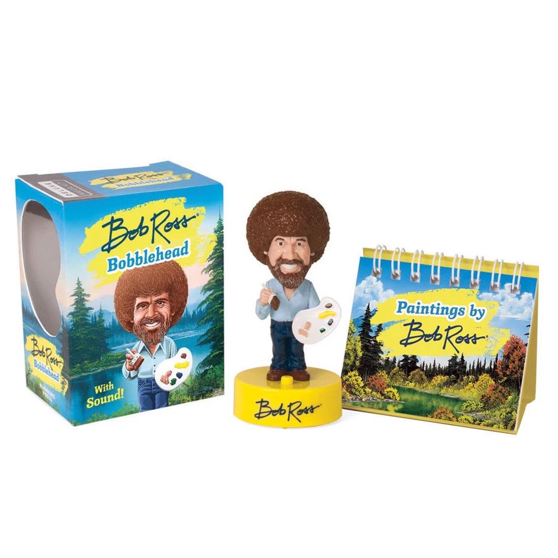 Bob Ross Bobblehead Figurine and Paintings Book