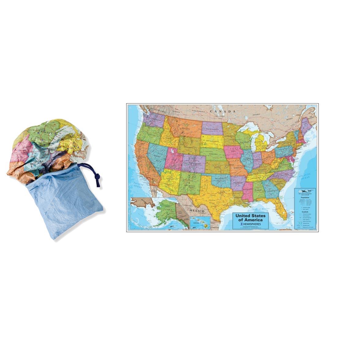 United States ScrunchMap by Round World Products shown both flat and scrunched into its pouch