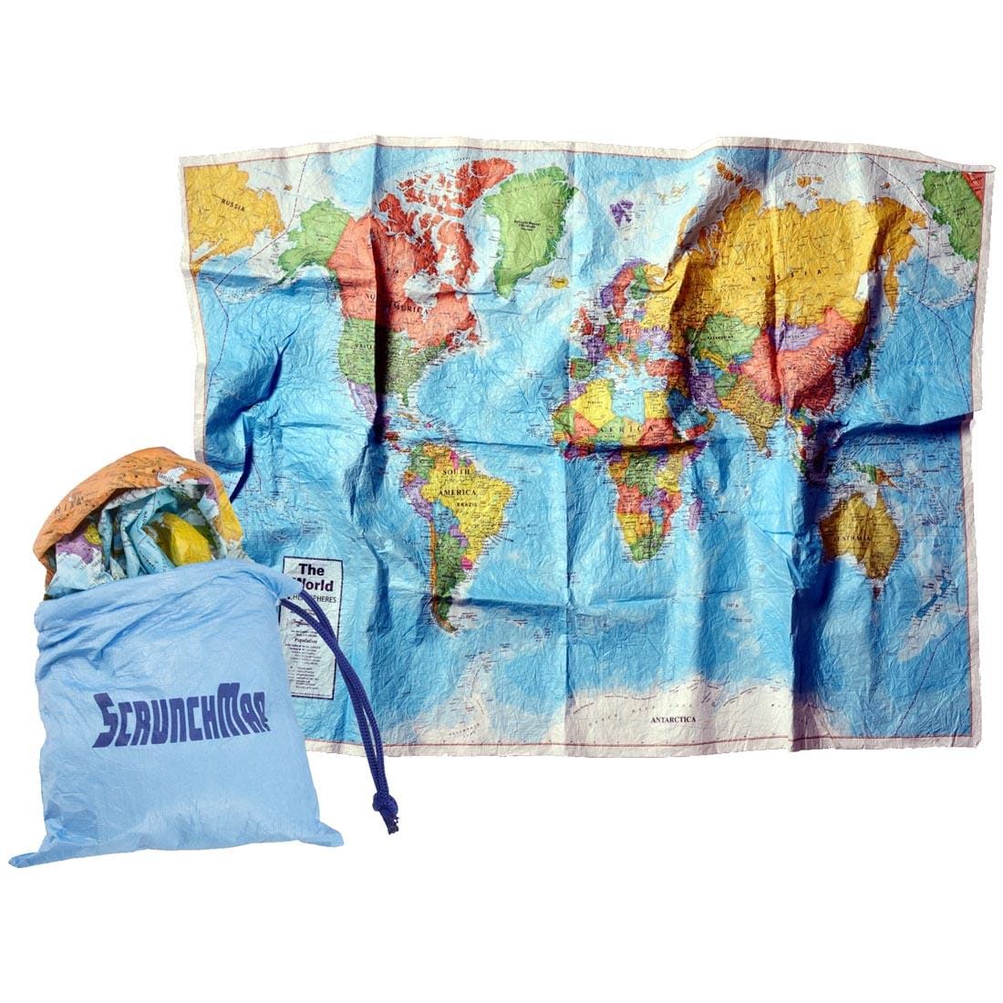 World ScrunchMap by Round World Products shown both expanded and scrunched into its pouch