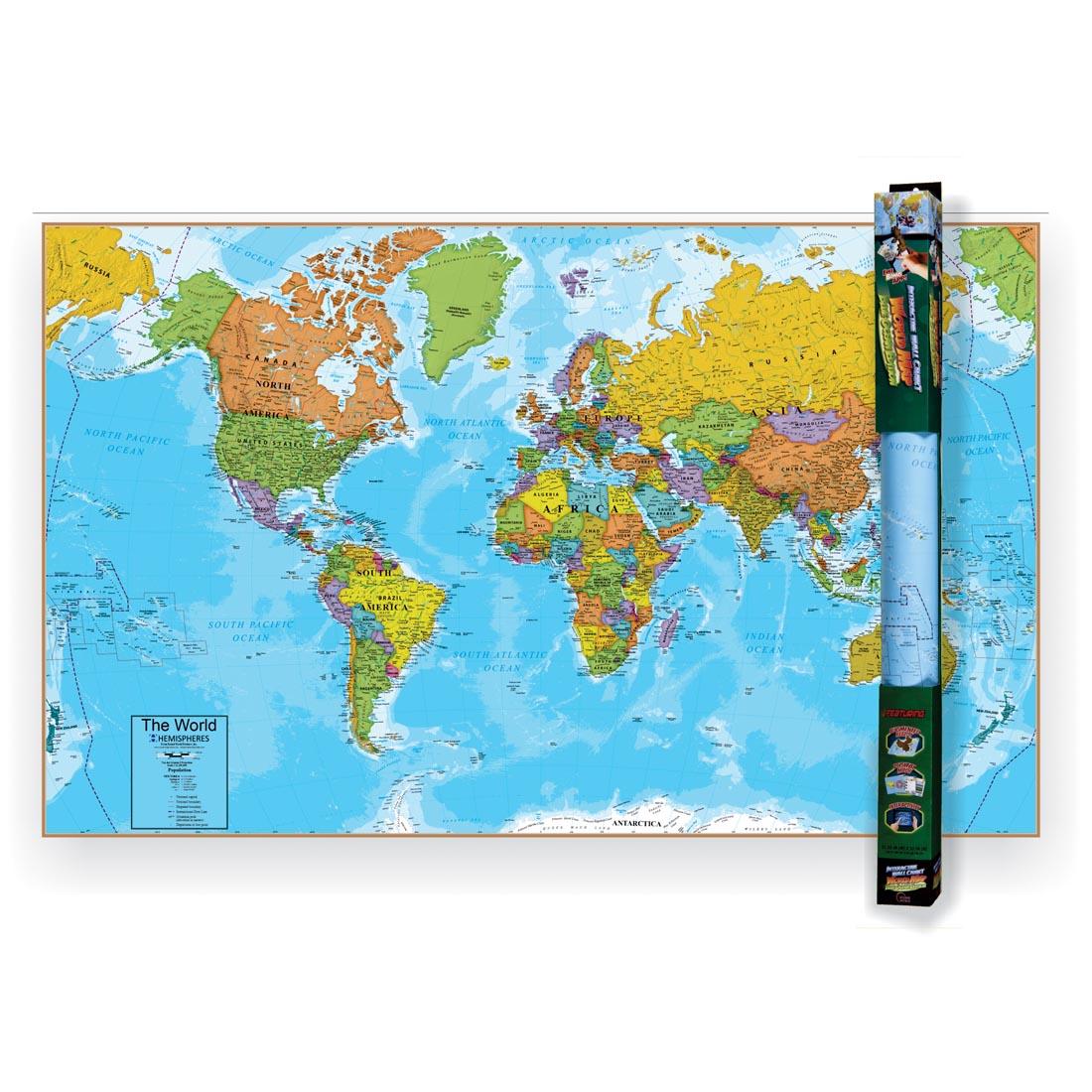 World Interactive Wall Chart by Round World Products shown both flat and rolled into its package