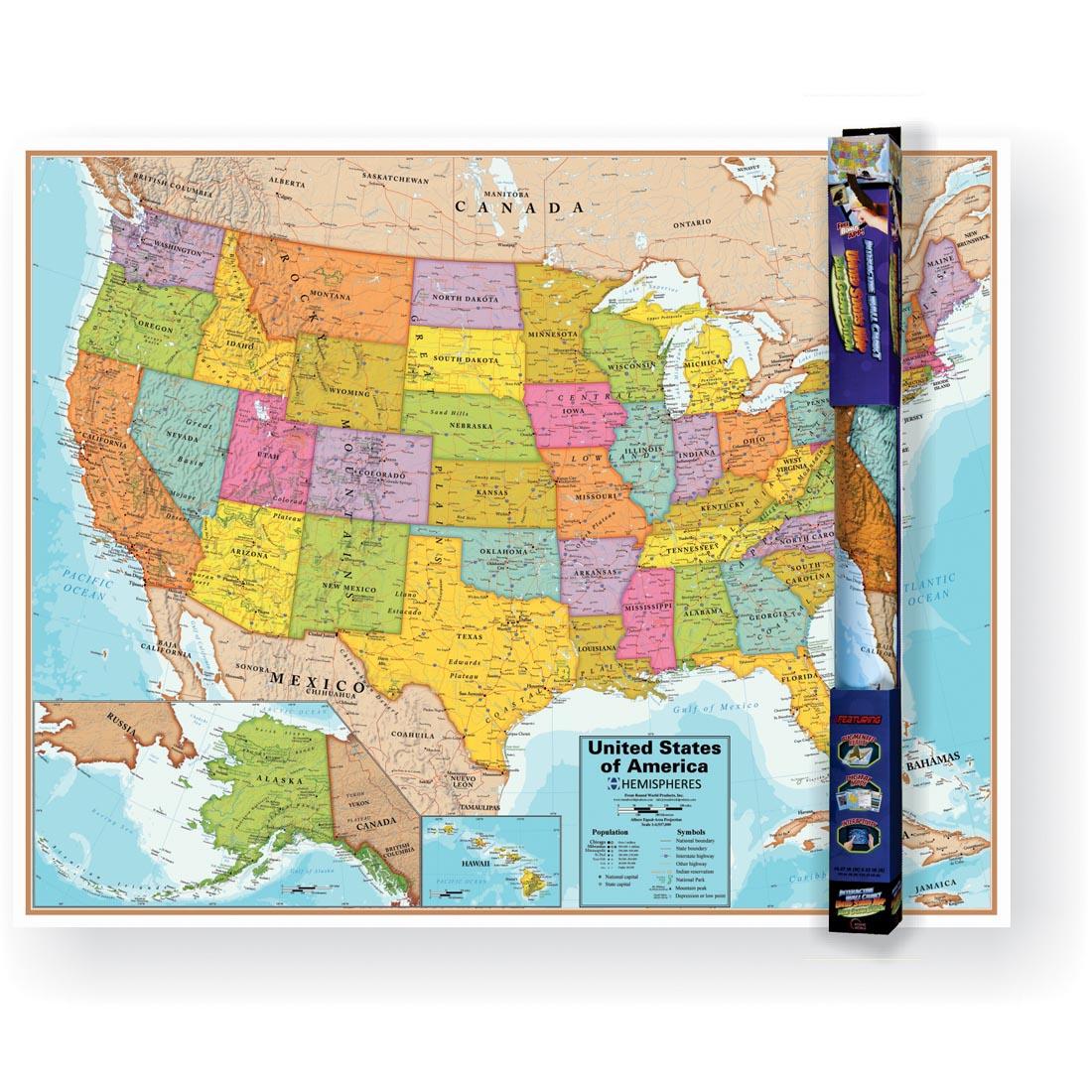 United States Interactive Wall Chart by Round World Products shown both flat and rolled into its package