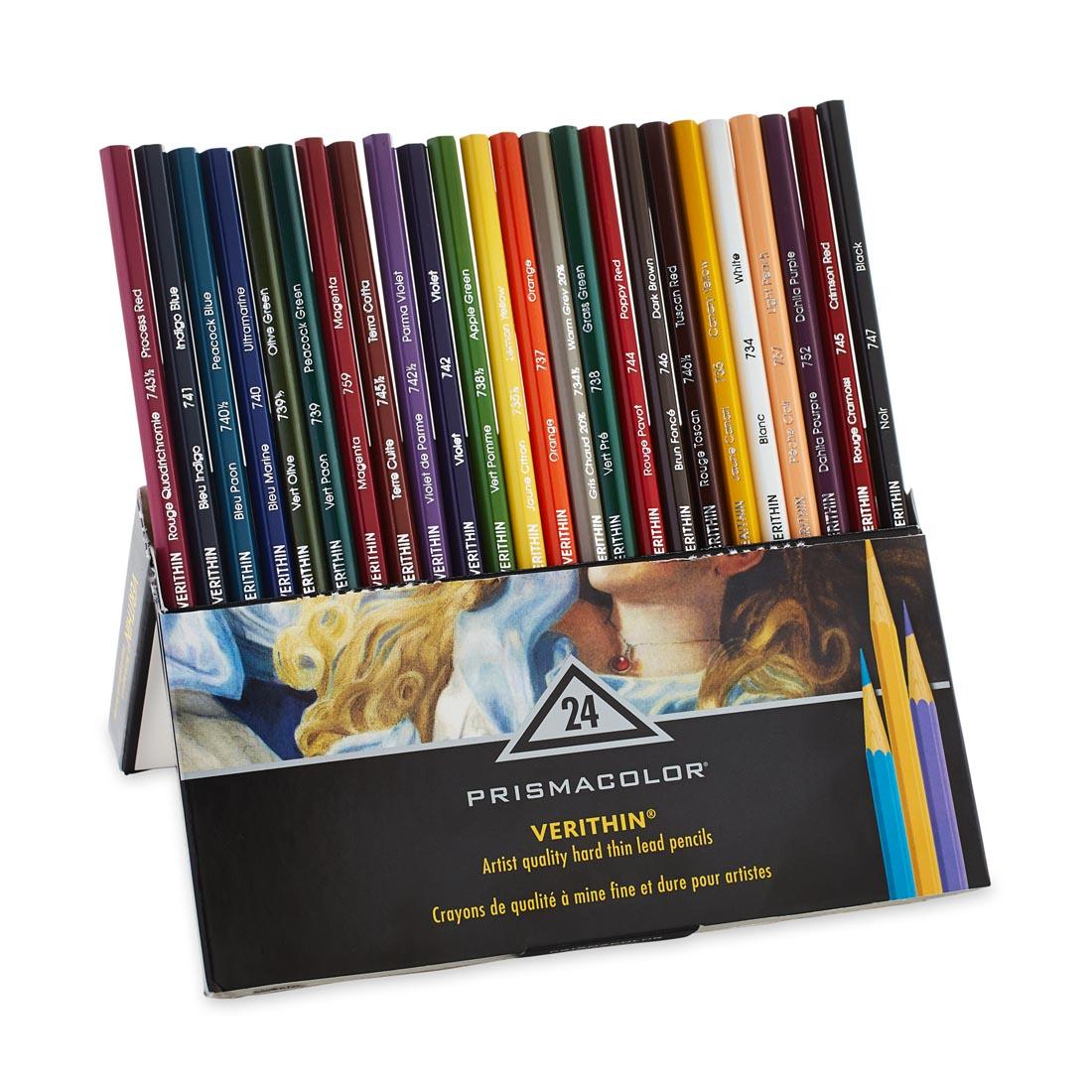 Prismacolor Verithin Colored Pencils 24 Color Set, shown in package with packed opened easel-style for easy selecting of colors