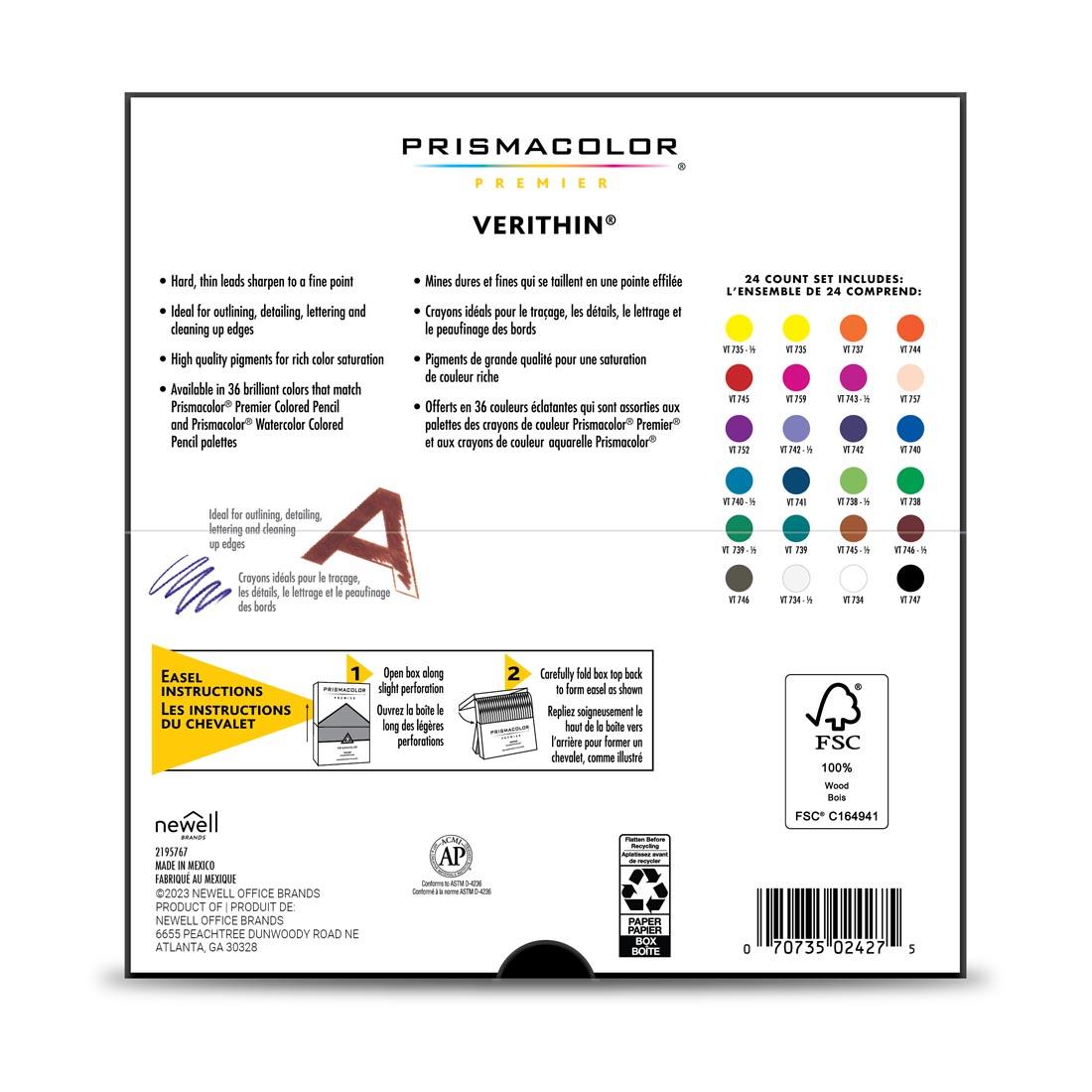 Back of package of Prismacolor Verithin Colored Pencils 24 Color Set