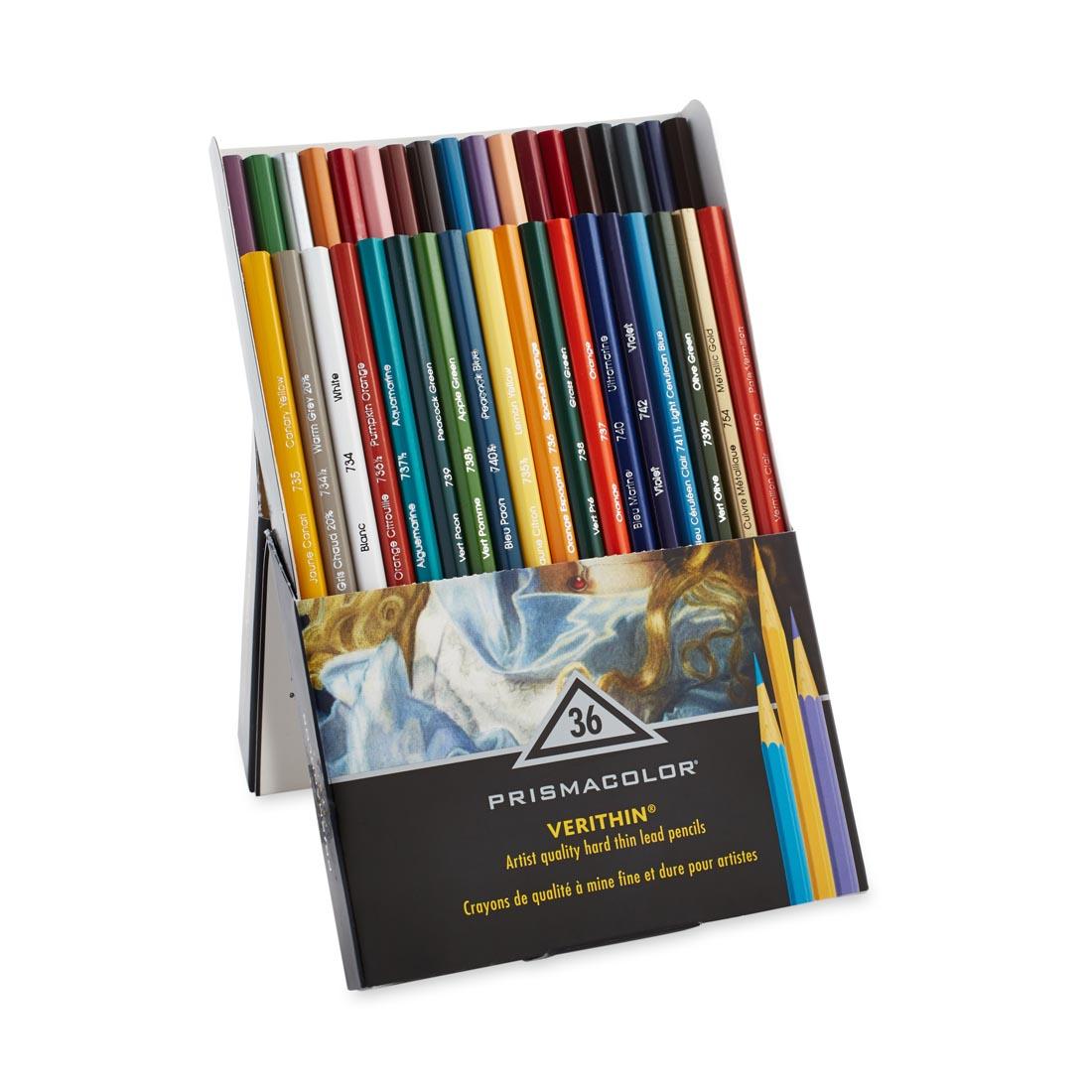 Prismacolor Verithin Colored Pencils 36 Color Set, shown in package with packed opened easel-style for easy selecting of color