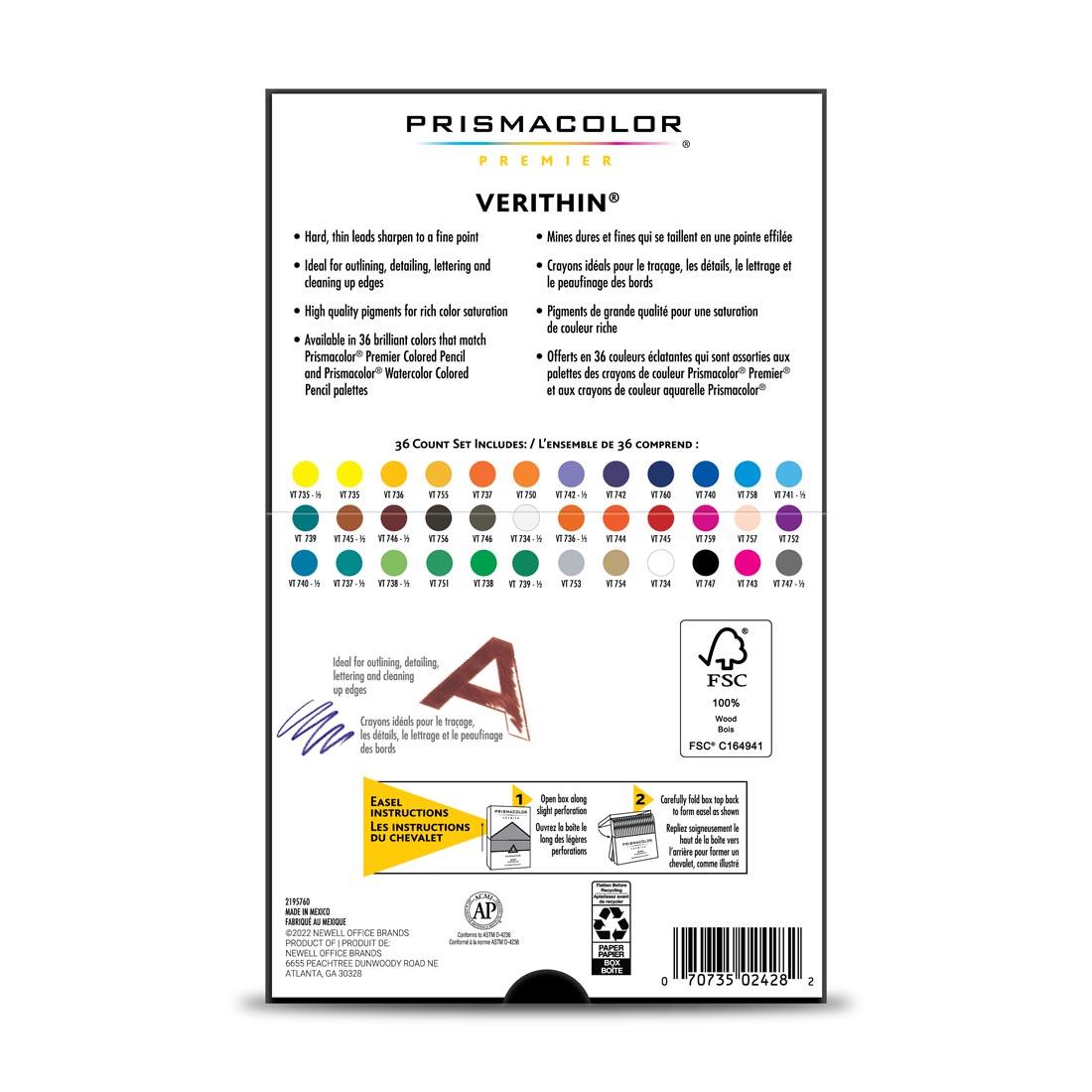 Back of package of Prismacolor Verithin Colored Pencils 36 Color Set