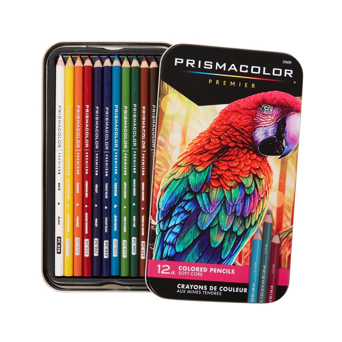 Prismacolor Premier Colored Pencils 12-Color set, shown with lid off, and pencils in a tray