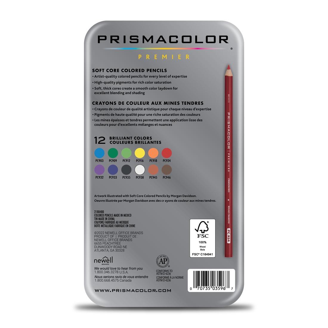 Back of Package of Prismacolor Premier Colored Pencils 12-color set
