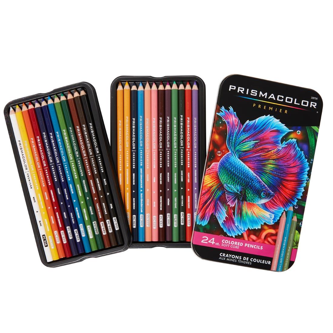 Prismacolor Premier Colored Pencils 24-color set, shown with lid off and pencils in trays
