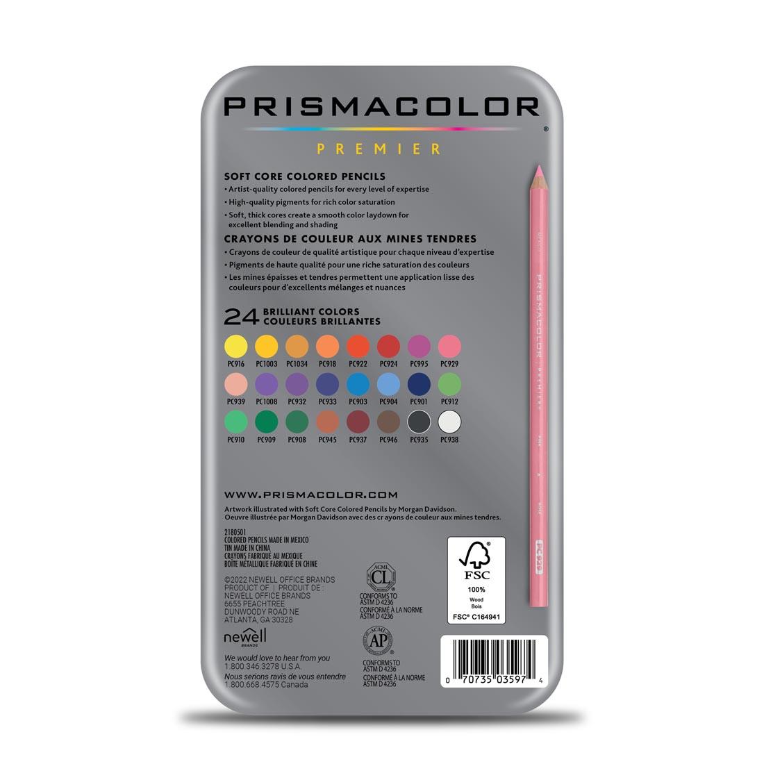 Back of Package of Prismacolor Premier Colored Pencils 24-color set