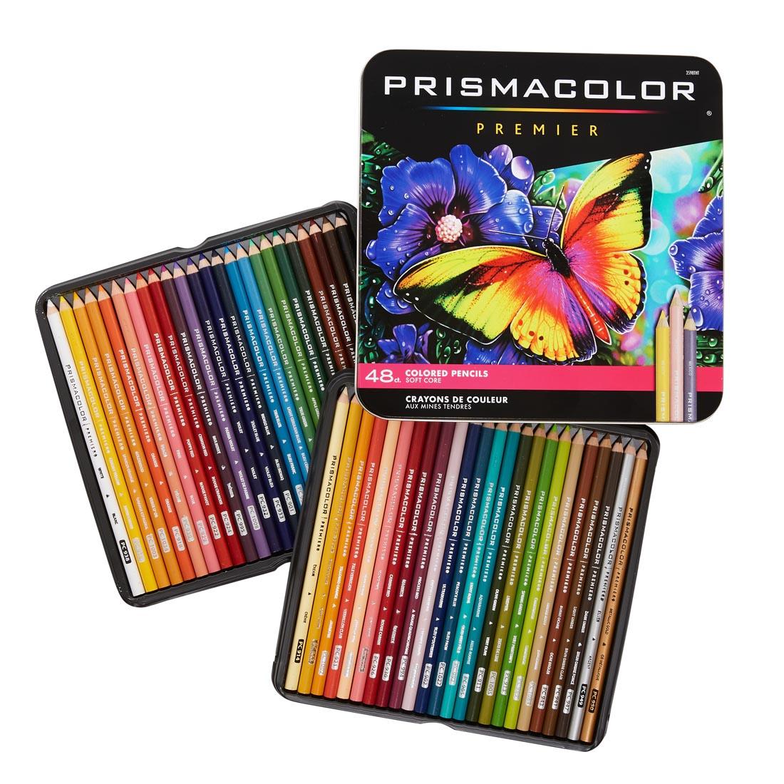 Prismacolor Premier Colored Pencils 48-color set, shown with lid off and pencils in trays