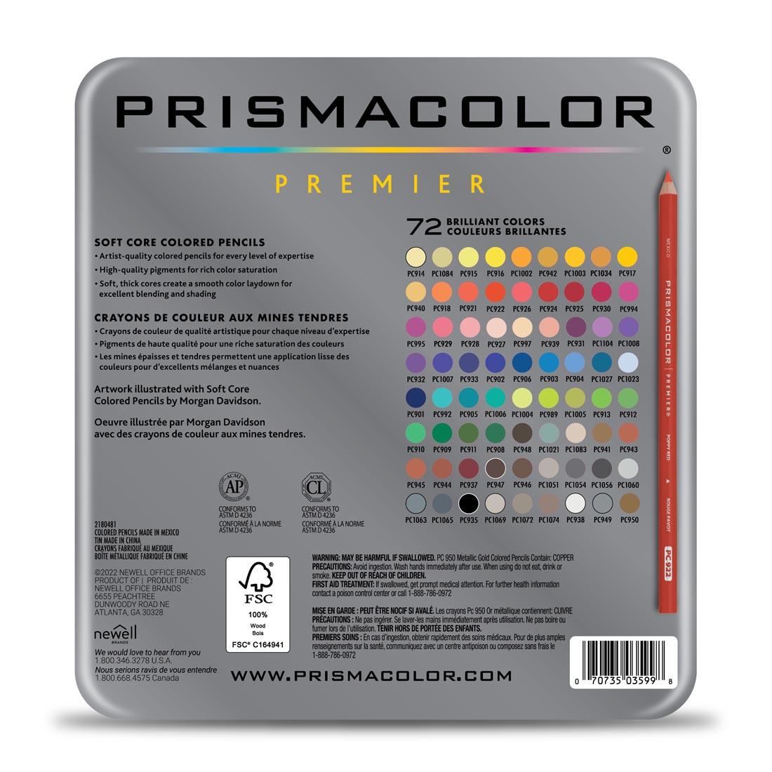 Back of Package of Prismacolor Premier Colored Pencils 72-color set