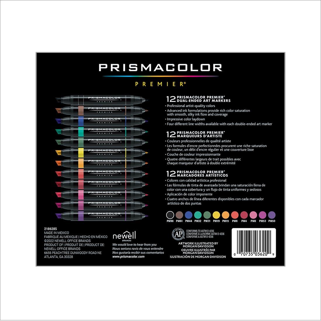 Back of package of Prismacolor Premier Art Markers 12-Color Set