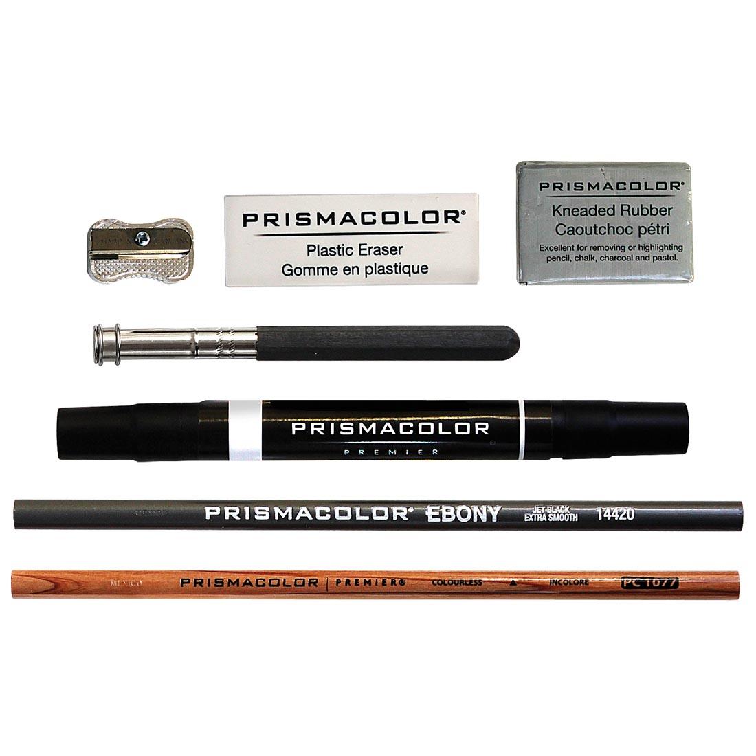 Prismacolor Colored Pencil Accessory Set includes Ebony pencil, Colorless Blender Pencil, Colorless Blender Marker, pencil holder, Prismacolor Plastic eraser, Kneaded Rubber eraser, pencil sharpener