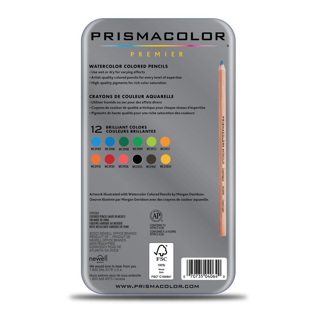 Back of package of Prismacolor Watercolor Pencils 12-Color Set