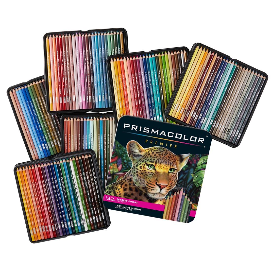 Prismacolor Premier Colored Pencils 132-color set, shown with lid off and pencils in trays
