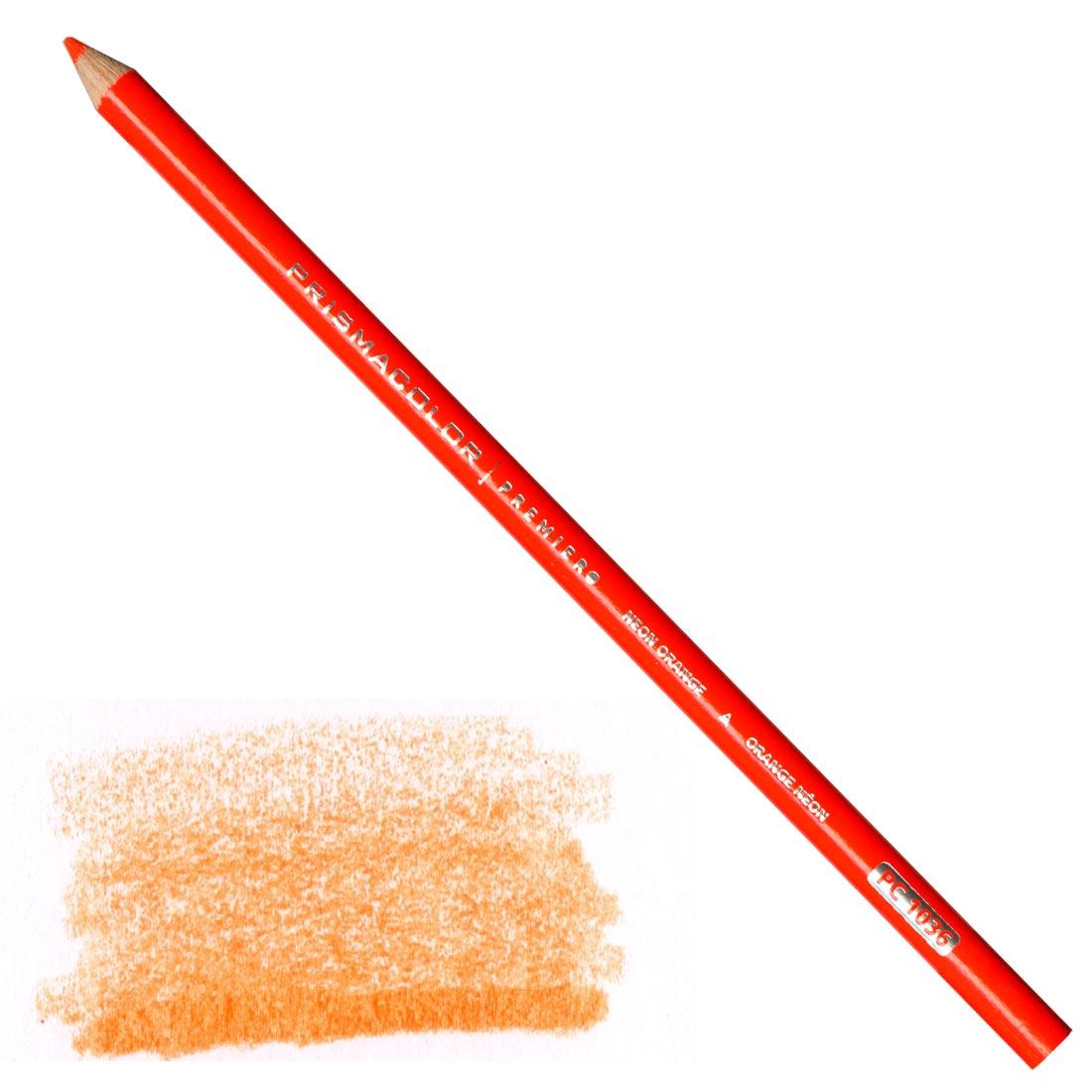 Neon Orange Prismacolor Premier Colored Pencil with a sample colored swatch
