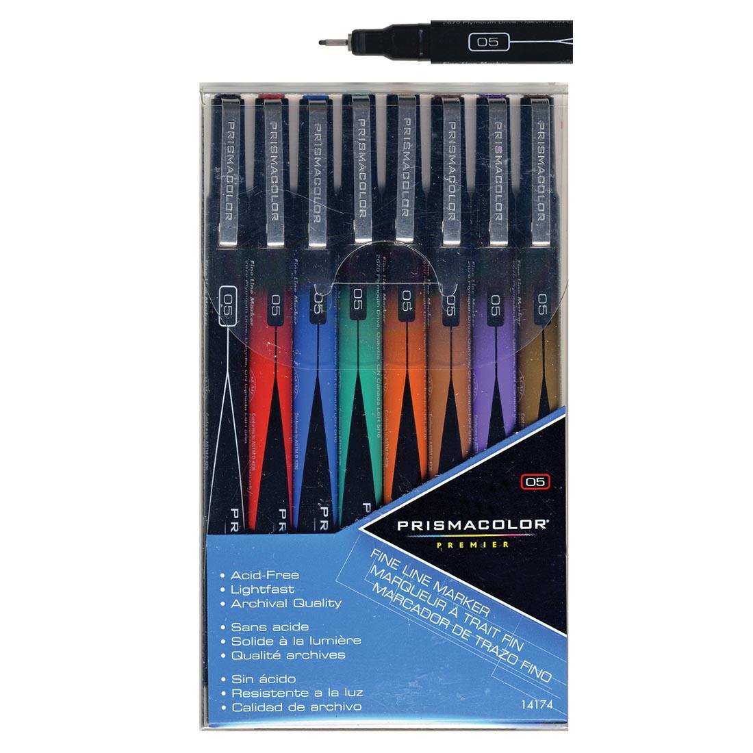 Prismacolor Premier Fine Line Marker 8-Color Set Package shown below a closeup of a pen nib