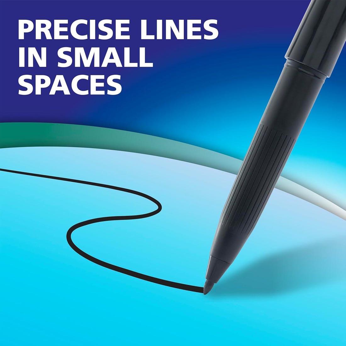 Black Expo Wet-Erase Marker with ultra fine point, writing on blue surface, with the words: Precise Lines In Small Spaces