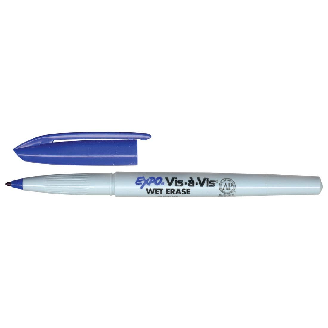 Blue Expo Vis-A-Vis Wet-Erase Marker with cap shown above