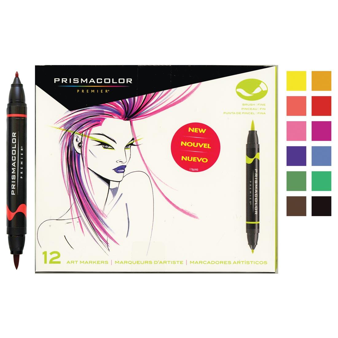 Prismacolor Premier Brush/Fine Art Markers 12-Color Set Package with a sample marker on the left and 12 color swatches on the right